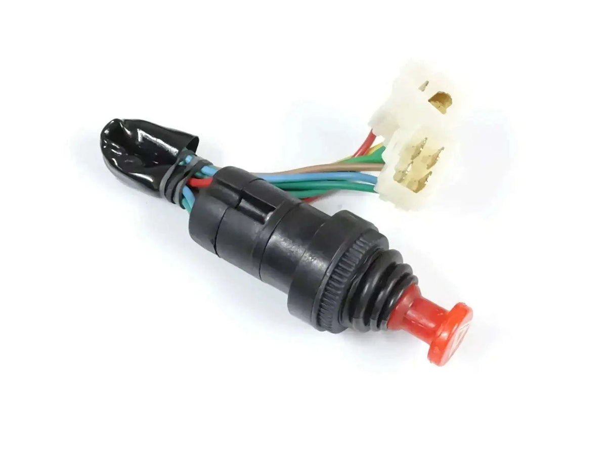 Push-pull hazard light switch with red button, black housing, and wiring connector
