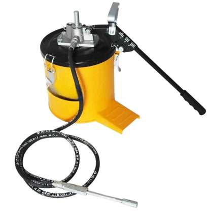 High pressure grease pump with yellow bucket, black handle, and flexible hose