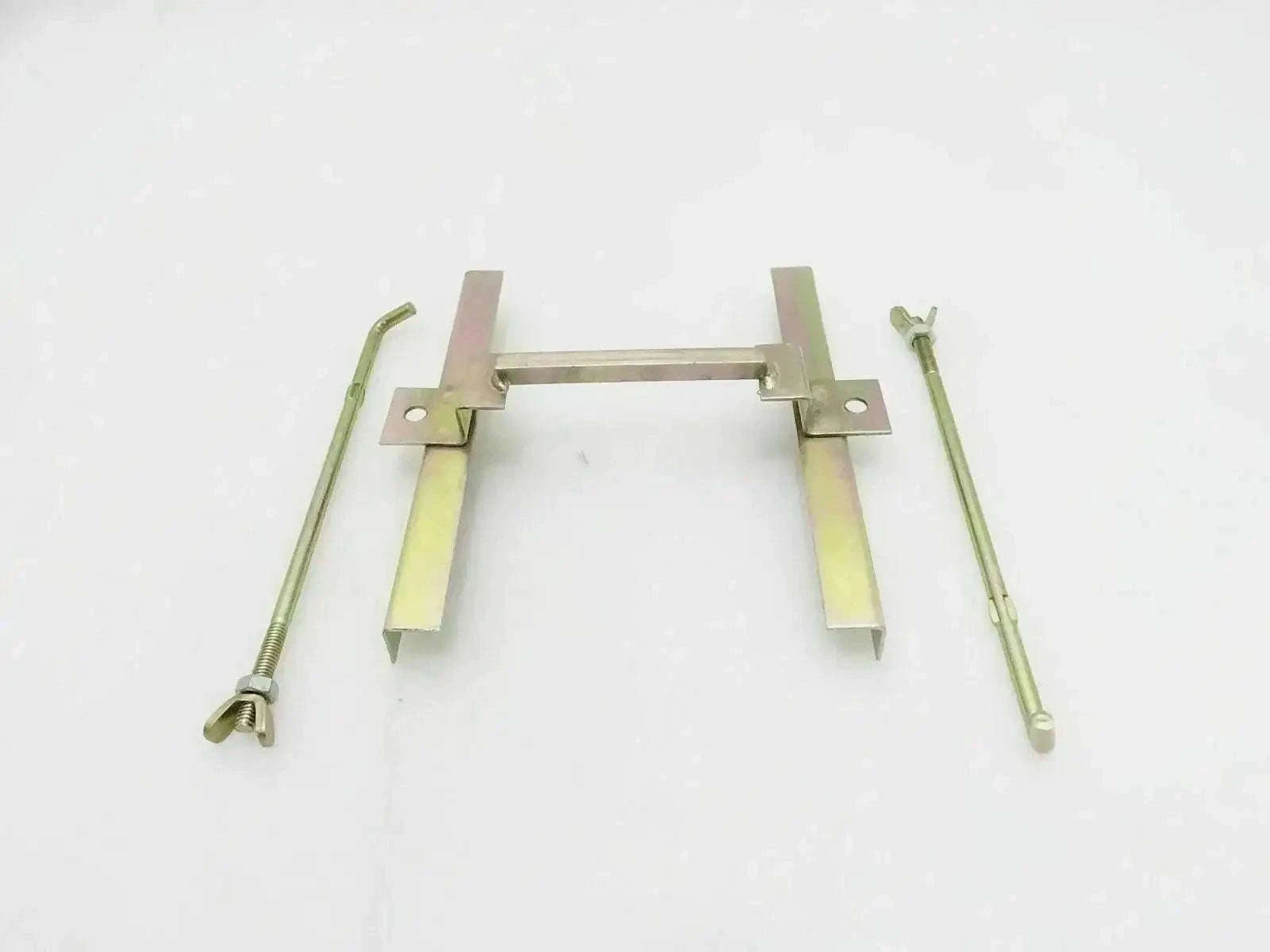 Metal battery top tray hold-down bracket with two side posts and threaded rods