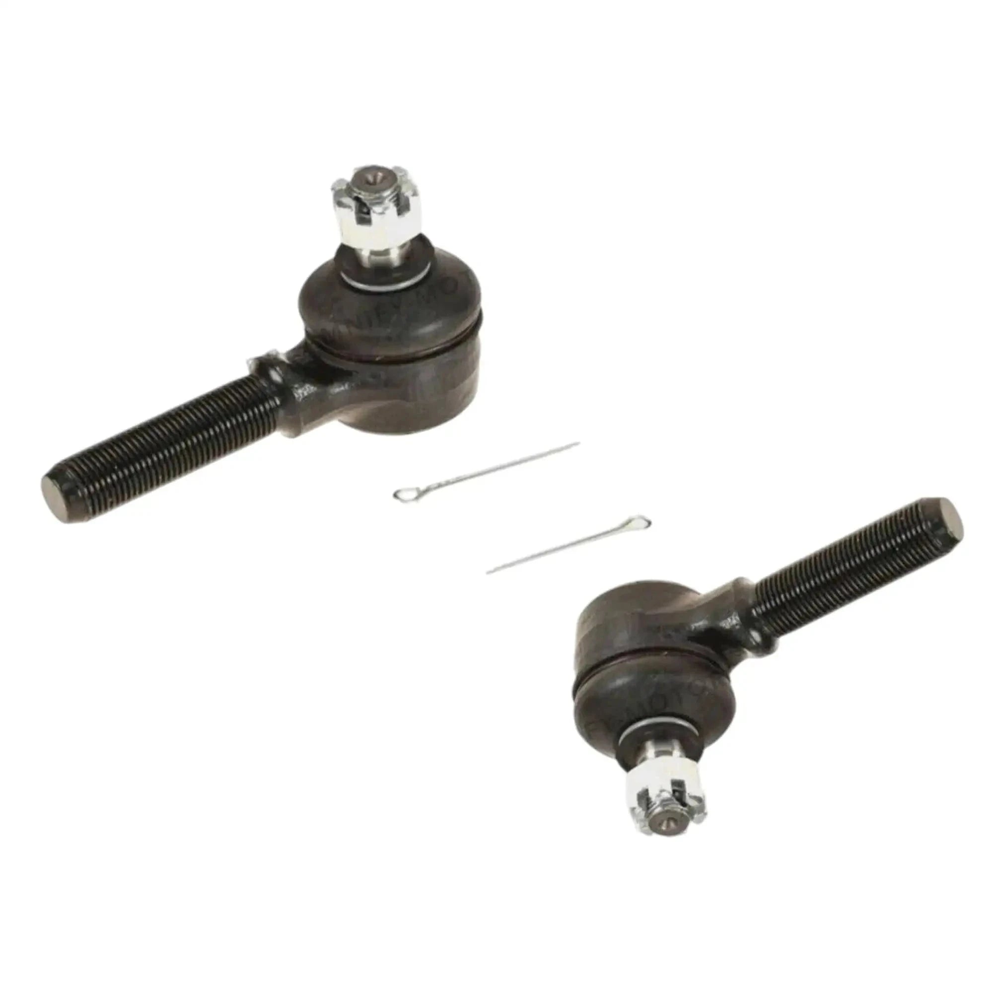 Two ball joint tie rod ends with rubber seals and threaded stems