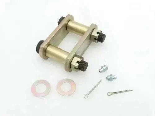 Front leaf spring shackle kit with metal shackles, bolts, washers, and cotter pin