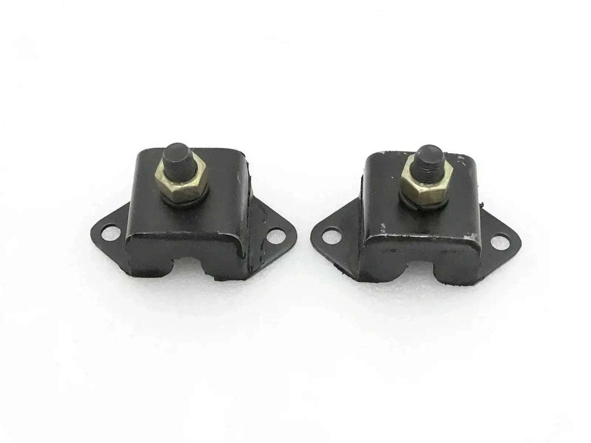 Black steel engine mount bracket with threaded stud and nut, pair