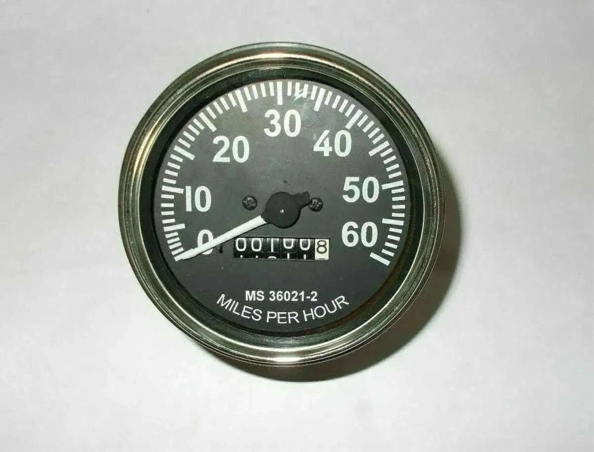 Vehicle speedometer gauge, 0–60 mph, with bezel and mile markings