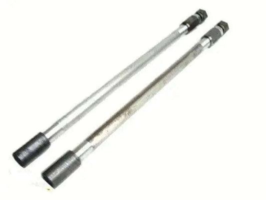 Motorcycle push rod kit with two metal push rods, chrome and black ends