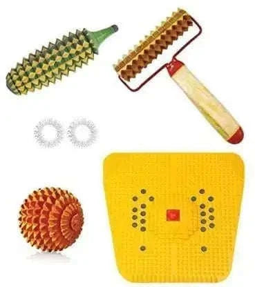 Foot Roller Acupressure Stress Mat Combo Kit with yellow square pad and textured rollers.