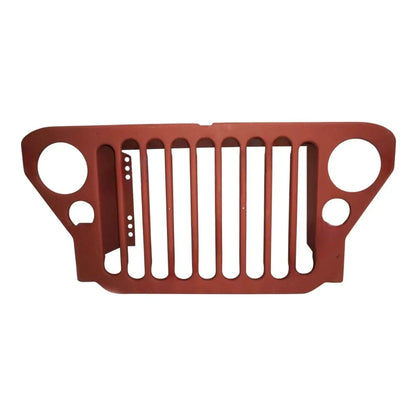 Primer-coated steel radiator grille, brown with vertical bars and circular mounting cutouts