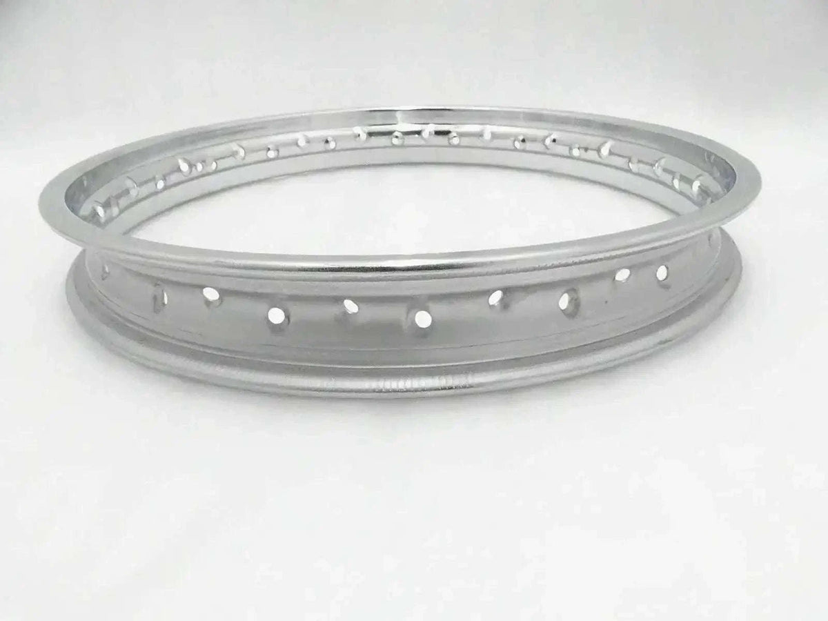 Steel motorcycle wheel rim with spoke holes, circular silver-gray