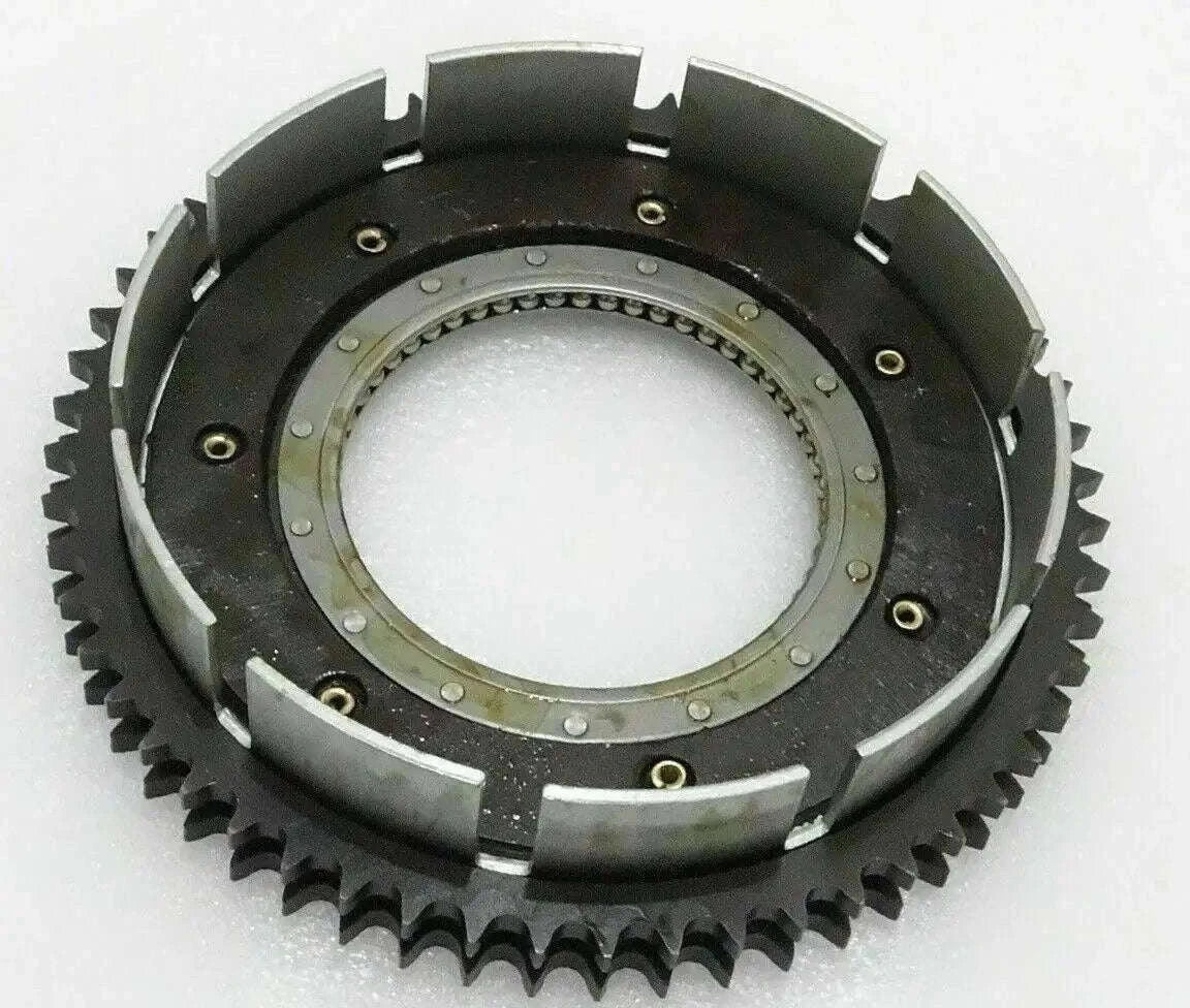 Black metal clutch sprocket and drum assembly with circular ring and mounting bolts