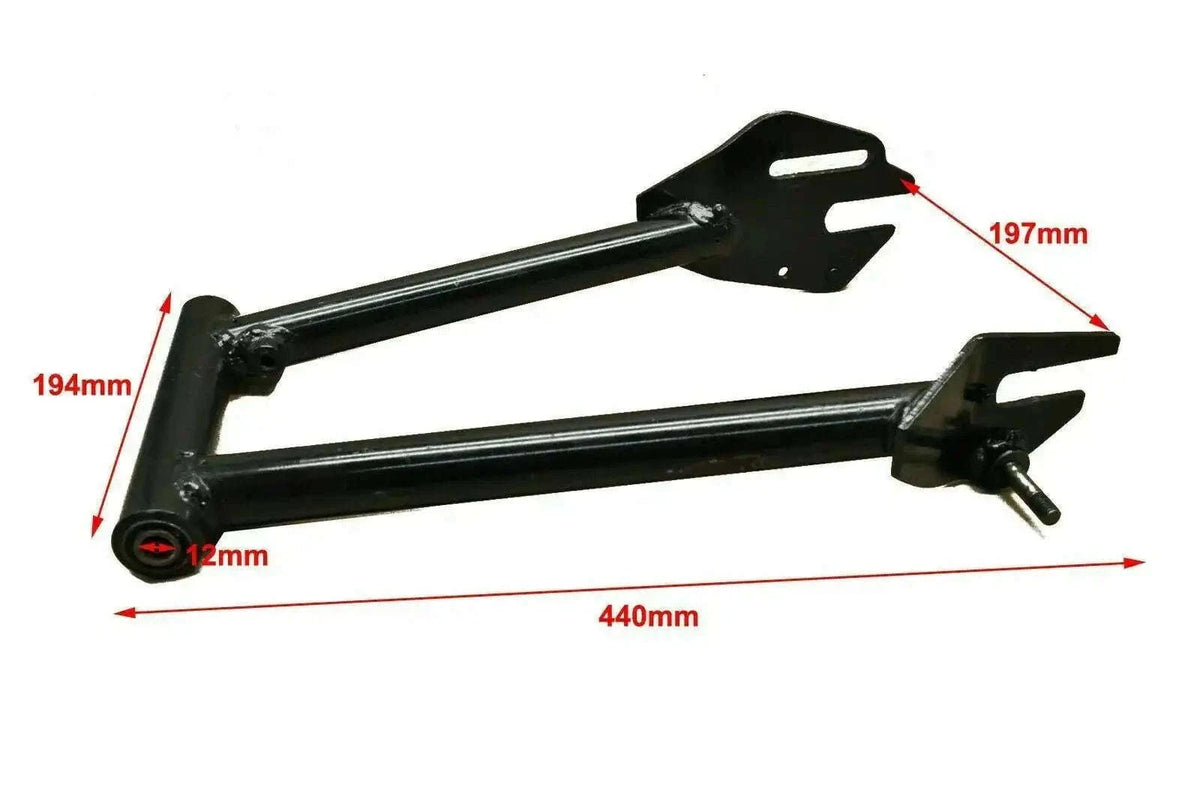 Black rear swing arm assembly for motorcycle frame with side brackets and mounting points