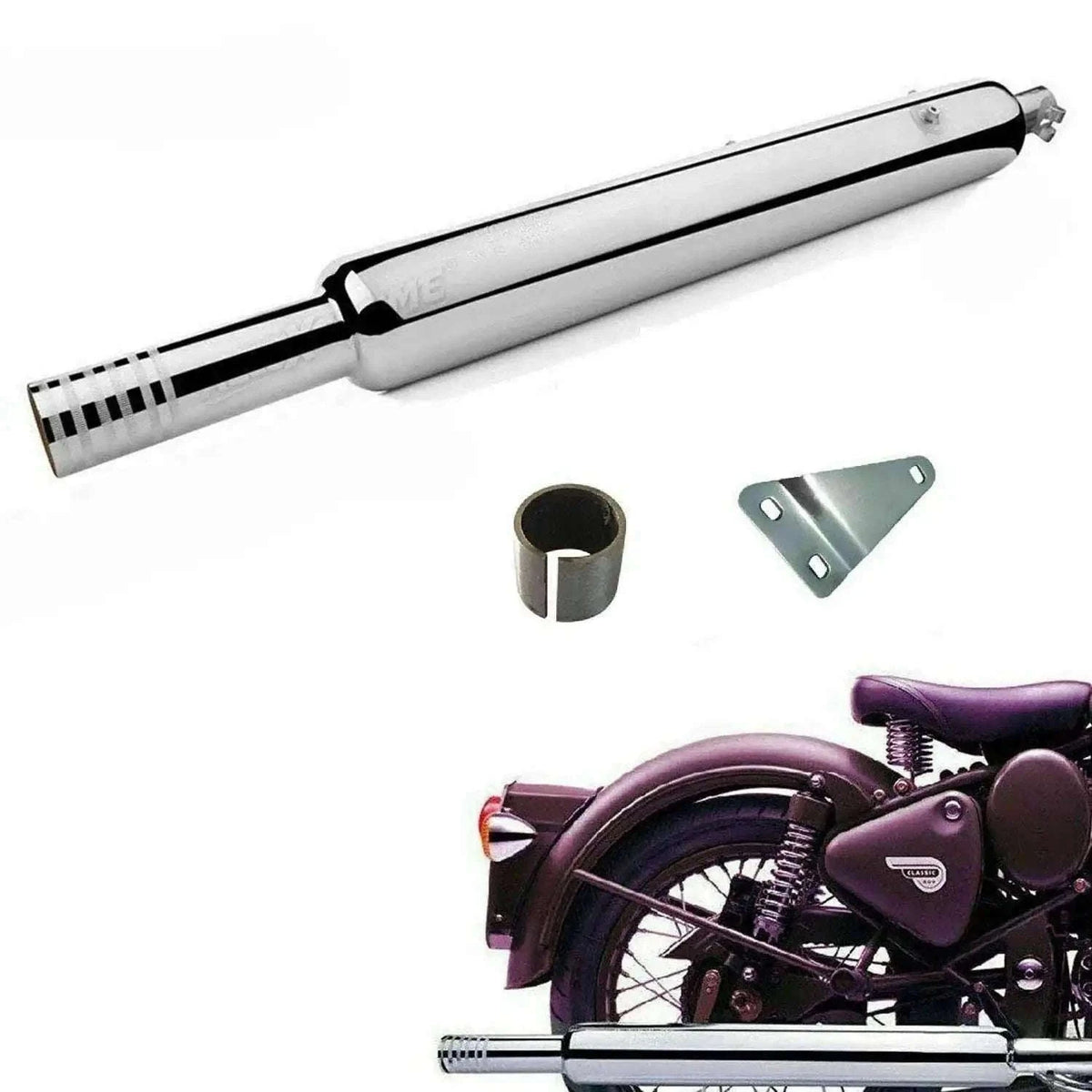 Chrome long motorcycle exhaust silencer with end cap and mounting bracket