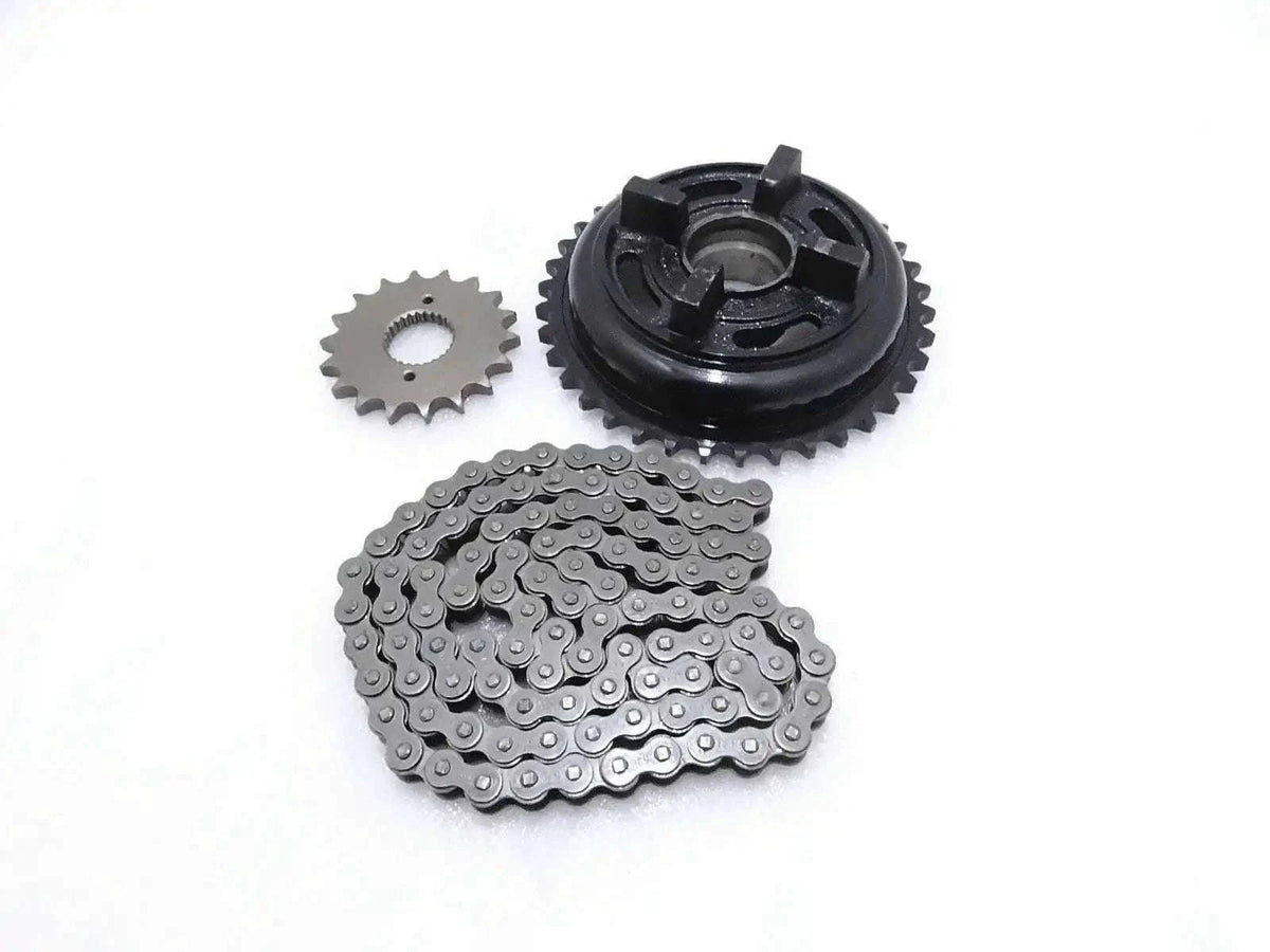Complete chain and sprocket set with metal chain and dark sprocket gears