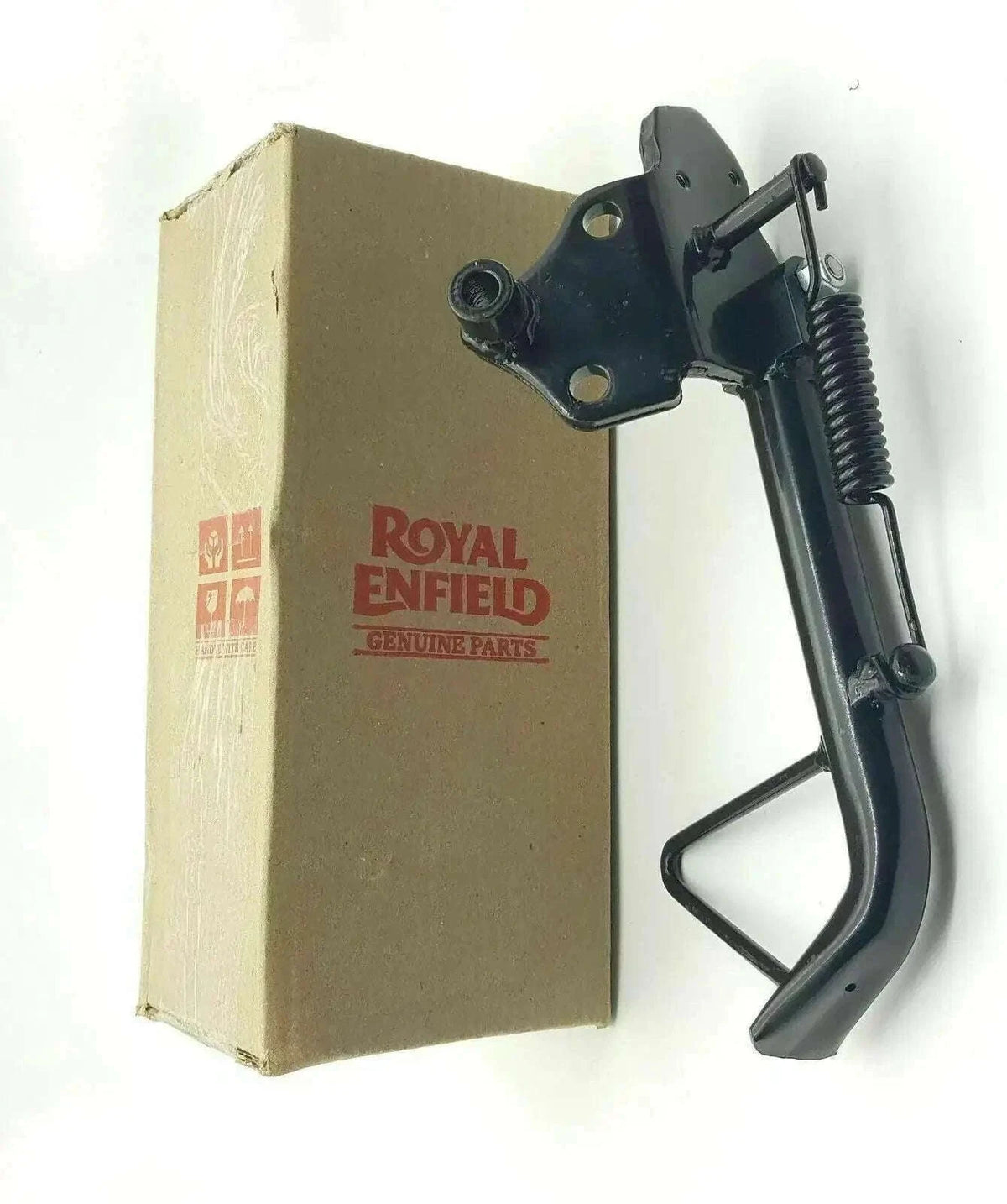 Black motorcycle side stand kit with mounting bracket and spring