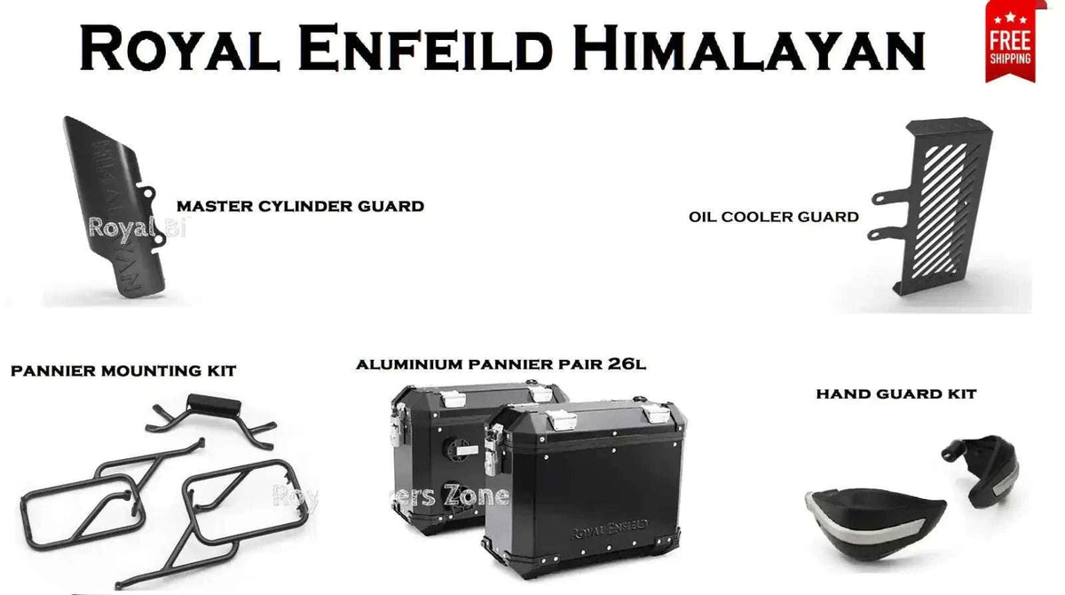 Royal Enfield Himalayan black pannier accessory set: mounting kit, hand guards, guards