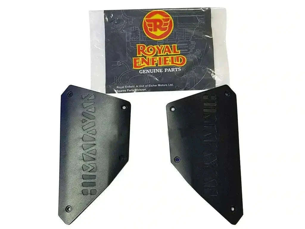 Motorcycle side panel pair with mounting holes, dark gray and black triangular covers