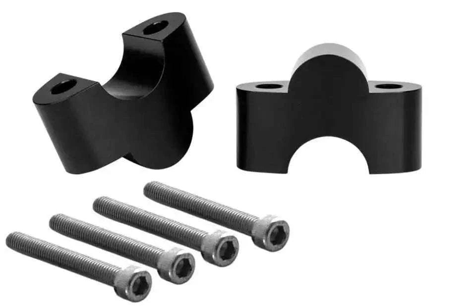 Black handlebar riser clamp with mounting bolts, metal motorcycle accessory
