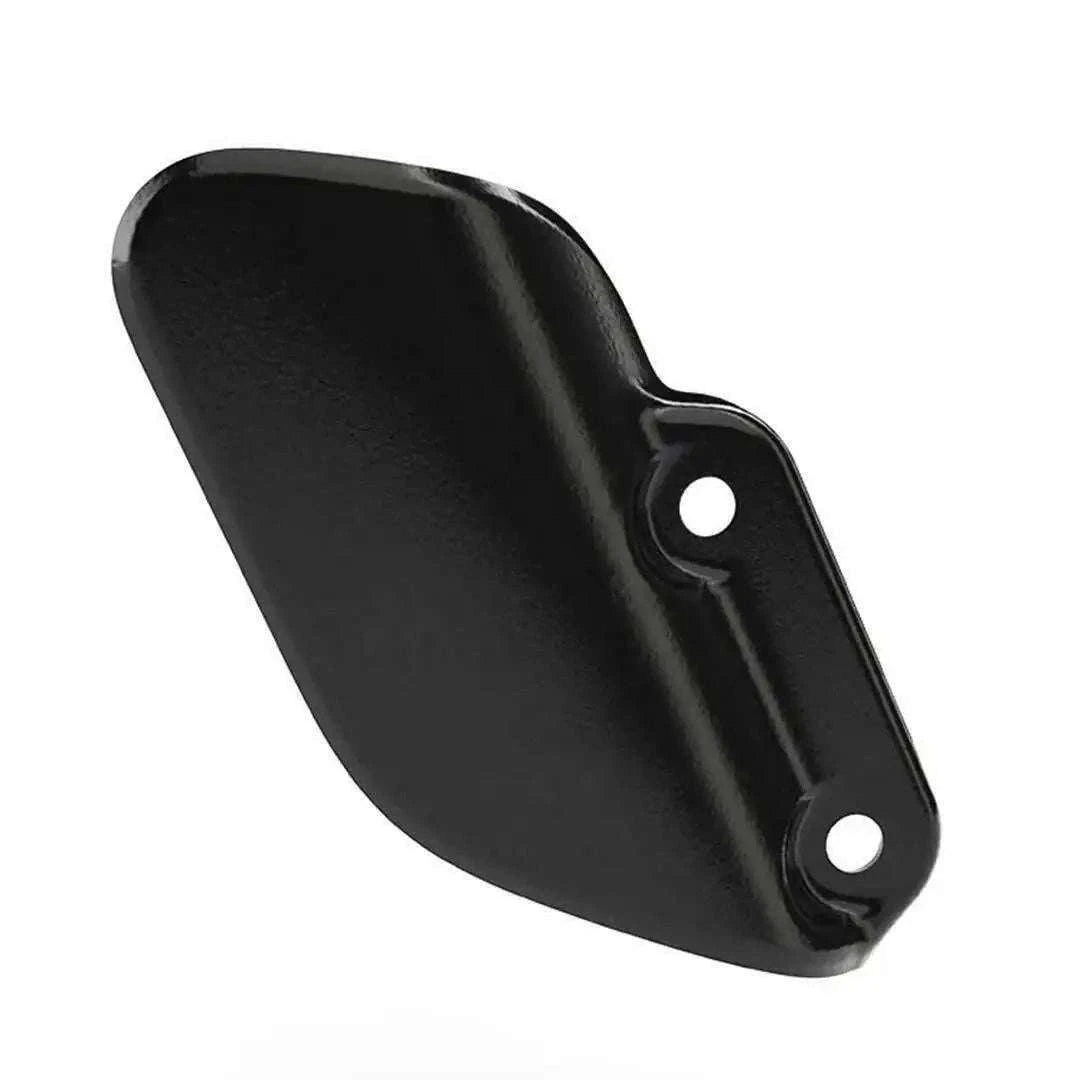 Black motorcycle heel guard with two mounting holes, curved metal piece