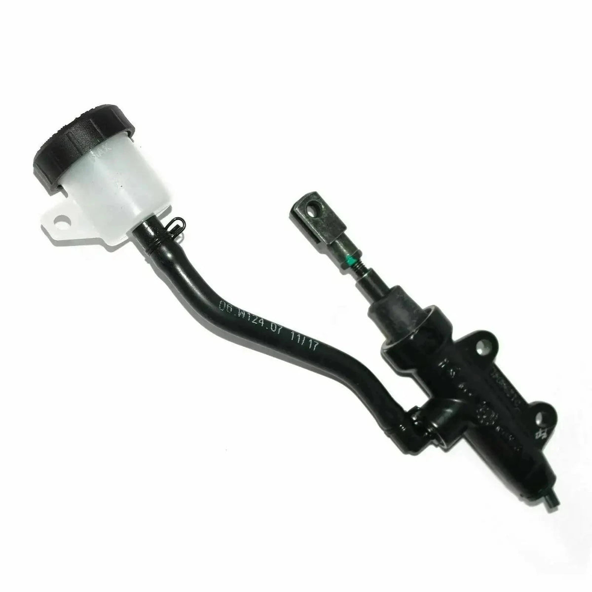 Rear master cylinder assembly with black hoses and mounting bracket