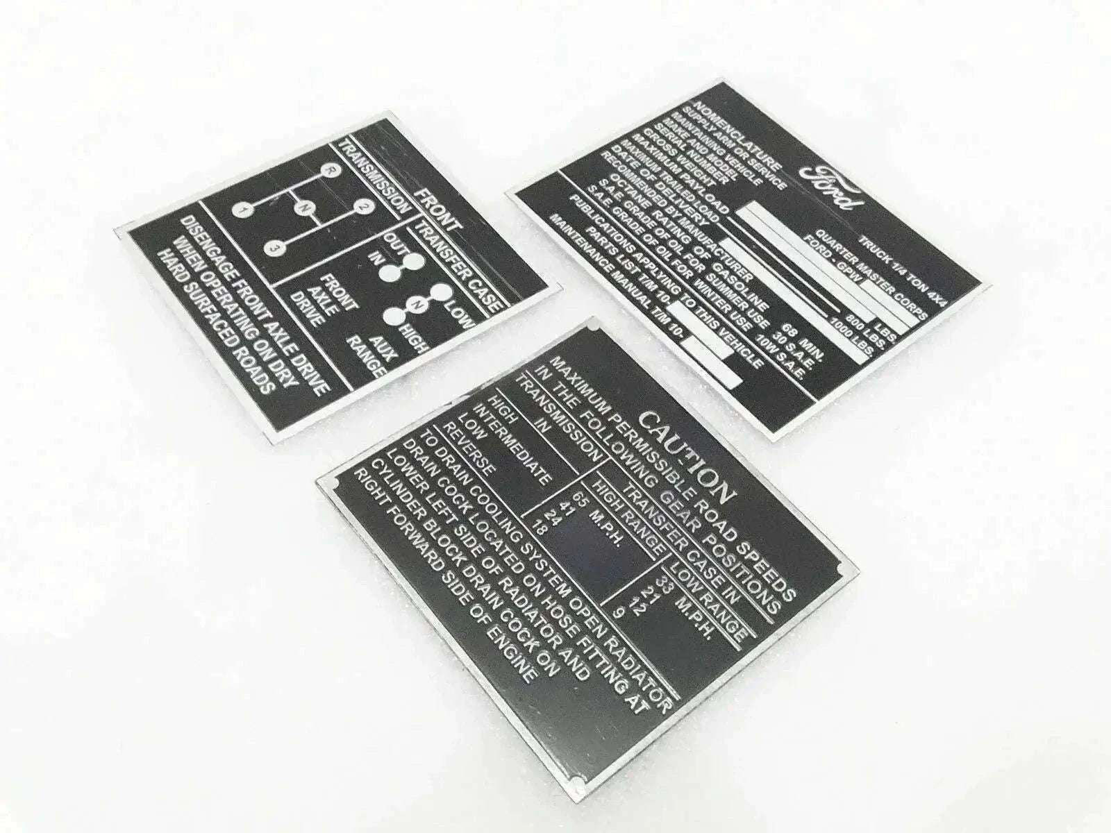 FORD CJ2A CJ3A CJ3 JEEP DASH DATA PLATE set of three durable black metal plates