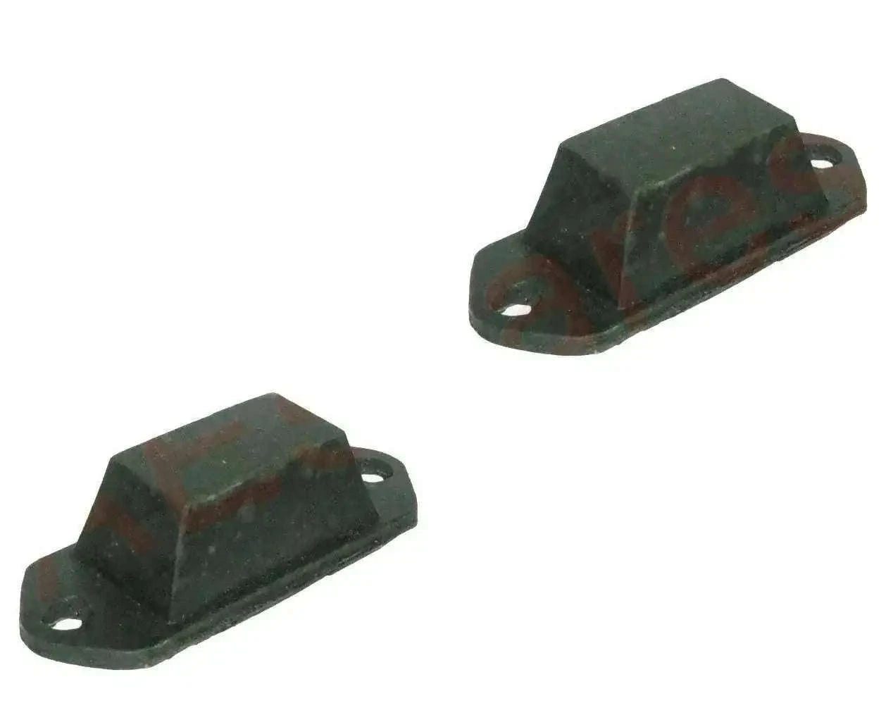Set of 2 front axle bumper brackets, dark metal with mounting holes, curved profile