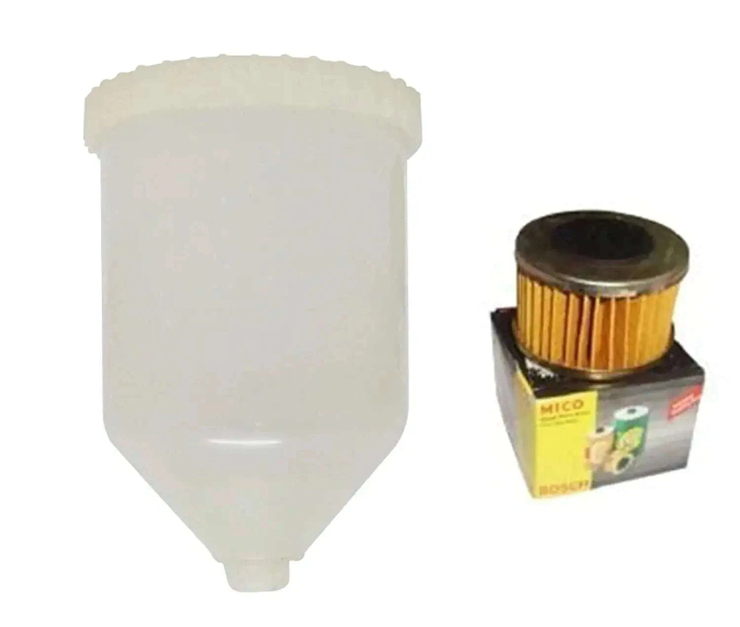 Translucent white fuel container cup with open top, molded plastic