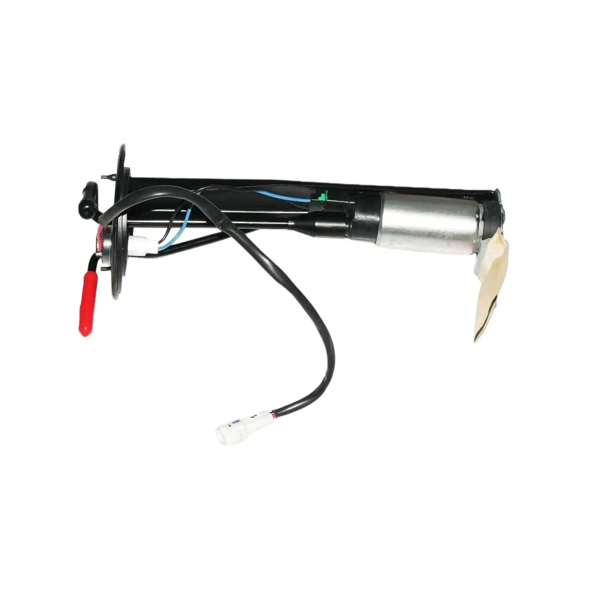 Fuel pump sender assembly with black flange, red wire, metal housing, and beige sleeve