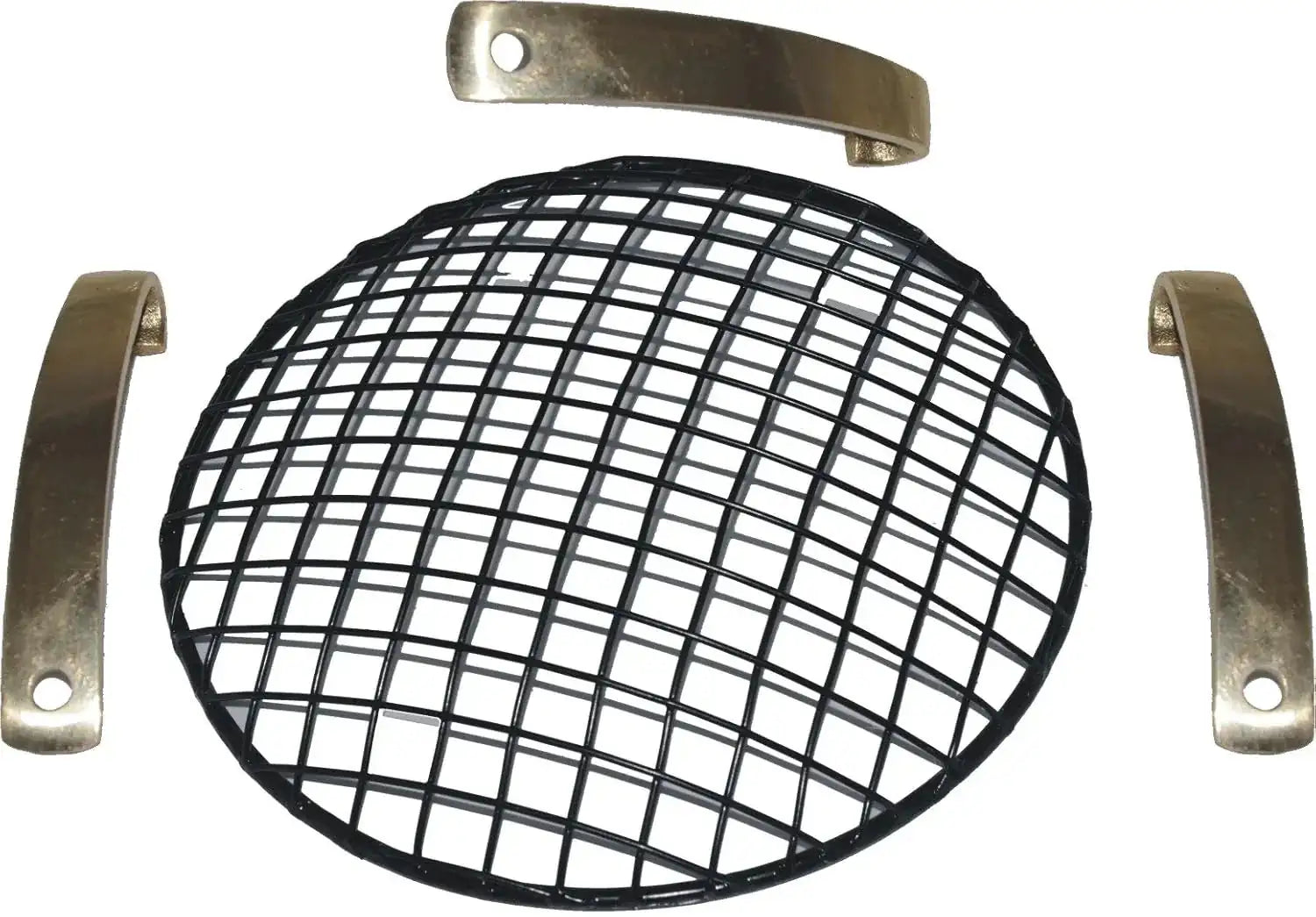 Black metal headlight grill with brass mounting clips, designed for vehicle protection