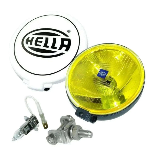 Hella Comet 500 yellow driving lamp with protective cover and universal fit.
