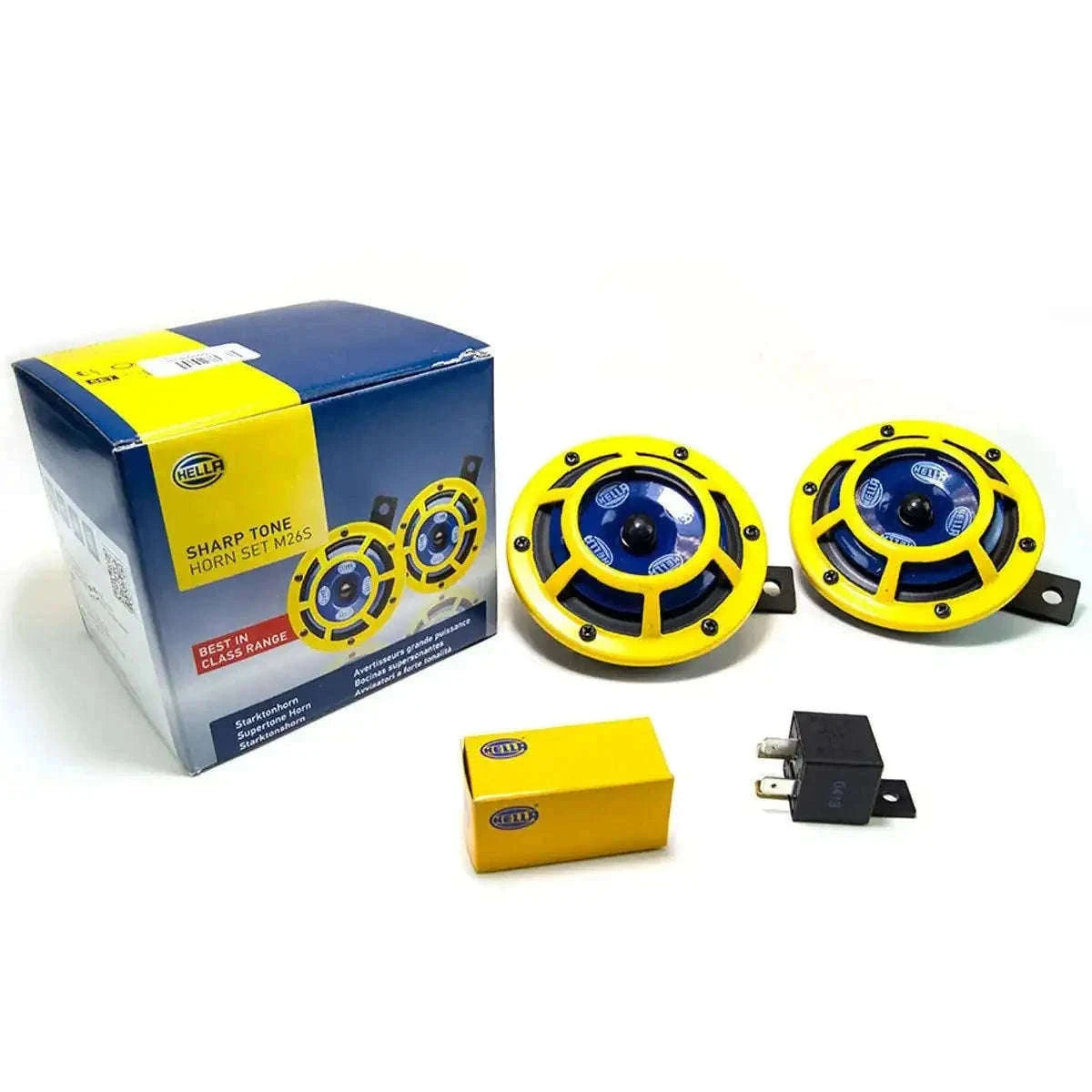 Hella Yellow Panther car horn pair with relay, designed for automotive use.