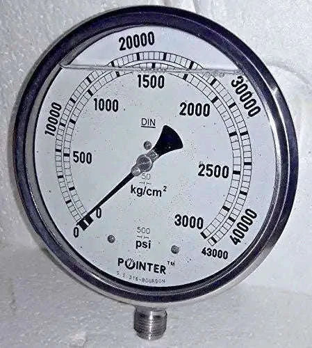 Dual-scale pressure gauge face with dark bezel, bar and psi dial markings, pointer
