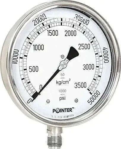 Dual-scale pressure gauge, metal casing, black pointer; psi and kg/cm² dial face