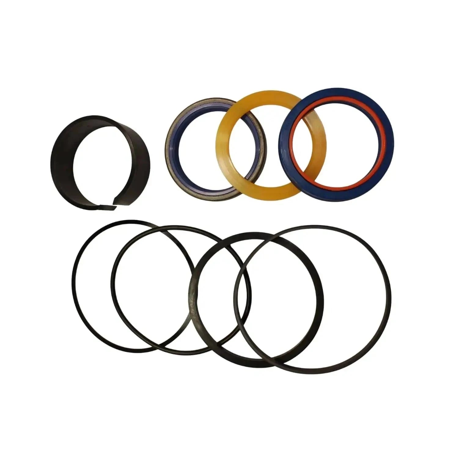 Hydraulic cylinder seal kit with black, gray, and multi-color seal rings (gold, blue, red)
