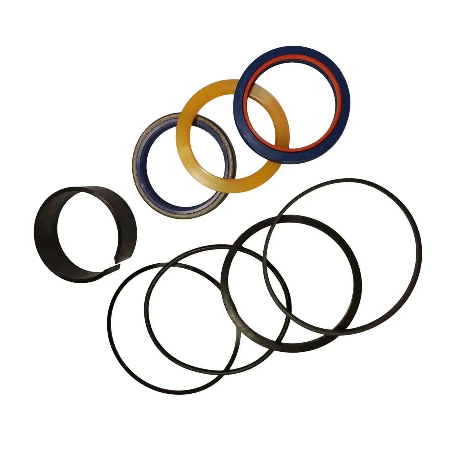 Hydraulic cylinder seal kit with stacked blue, gold, and gray seal rings plus black ring