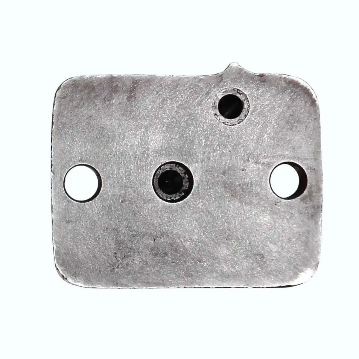 Hydraulic lift head cap, gray metal plate with three holes and two side openings