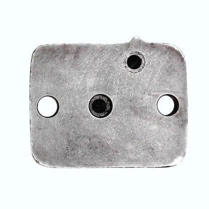 Hydraulic lift head cap, gray metal plate with three holes and two side openings