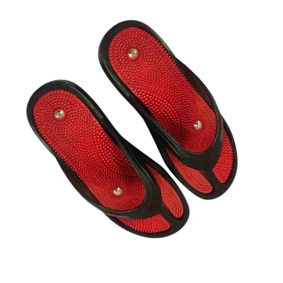 Red and black flip flop sandals with narrow thong straps and round silver stud plates