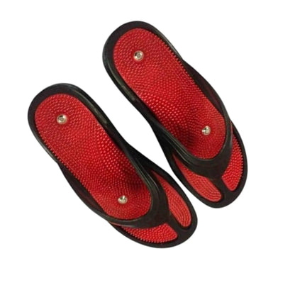 Red and black flip flop sandals with narrow thong straps and round silver stud plates