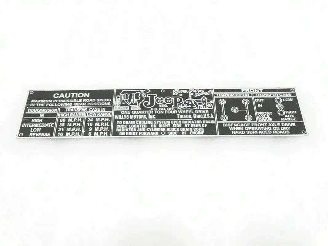 Aluminium transfer case information plate for Willys Jeep