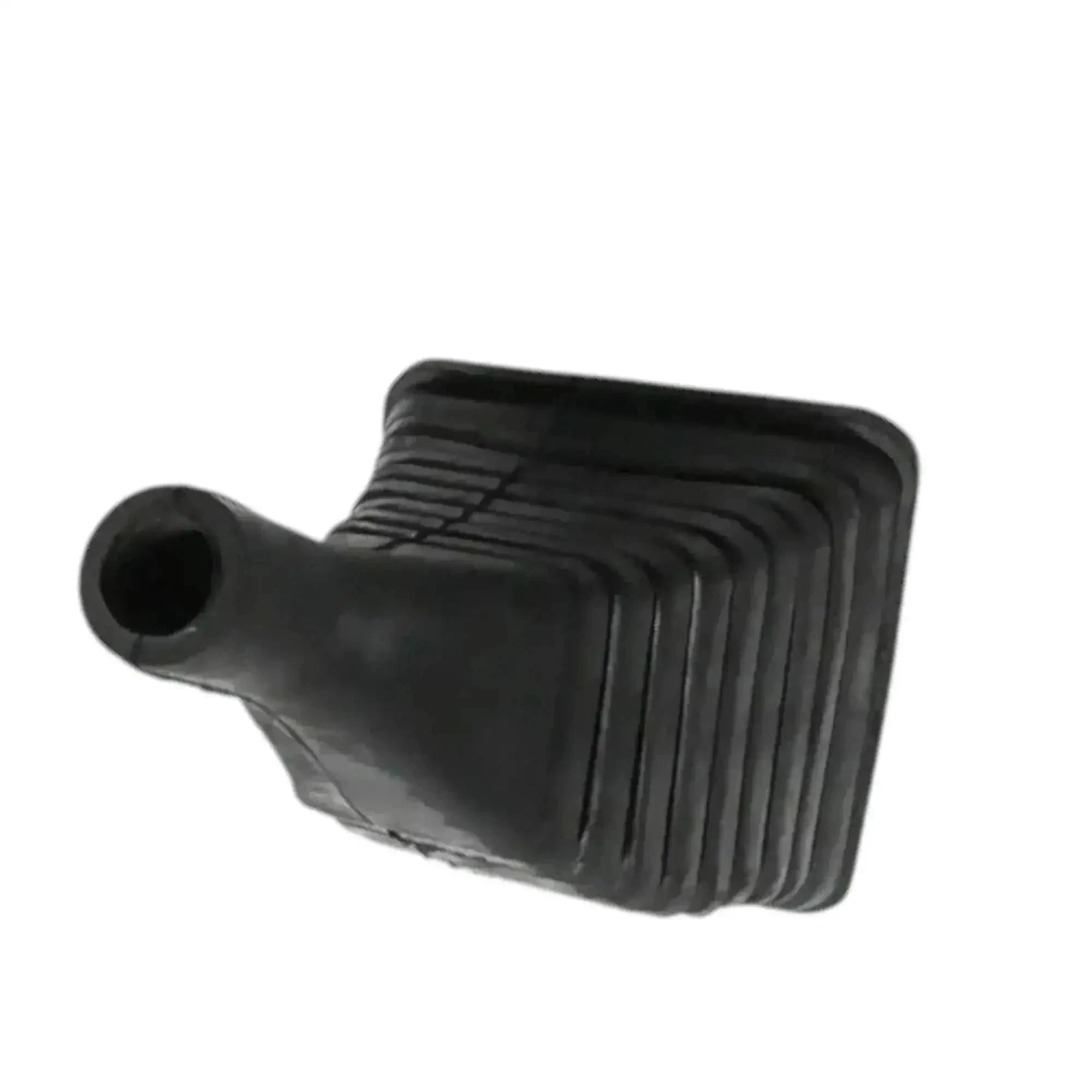 Black rubber control gaiter boot with side ribs, center seam, and round mounting hole