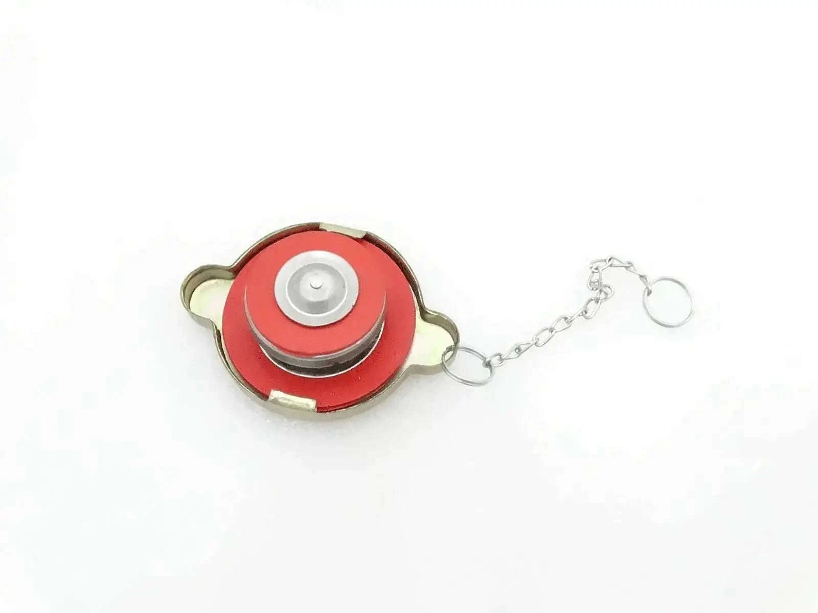 Radiator coolant filler cap with red top, metal base, and chain keyring