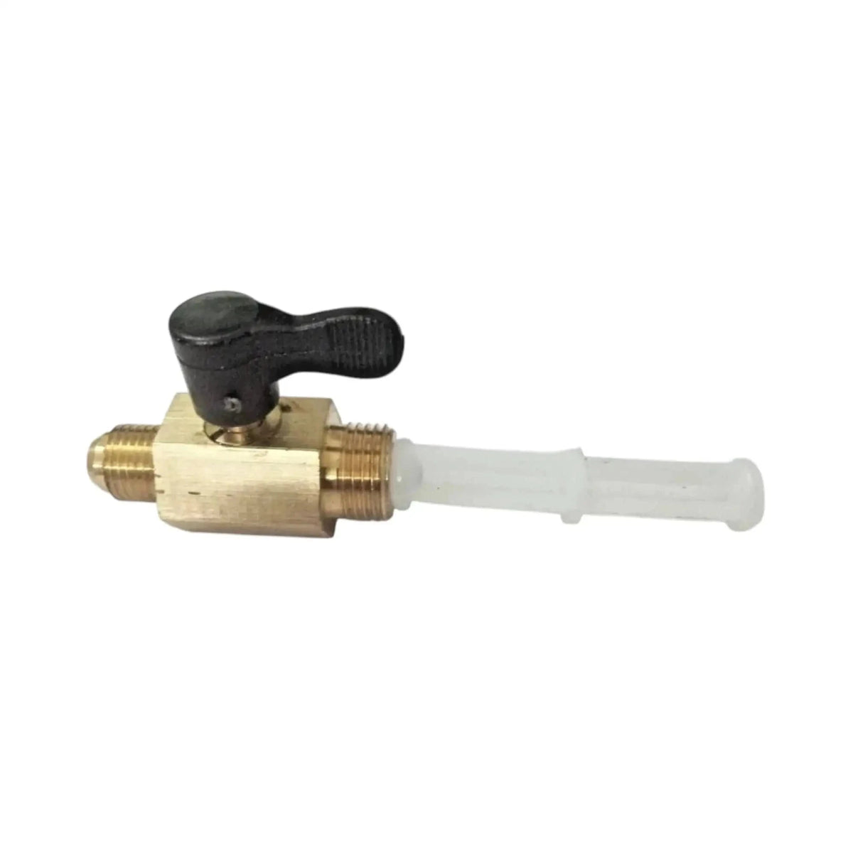 Brass fuel tap switch with black lever and white outlet tube