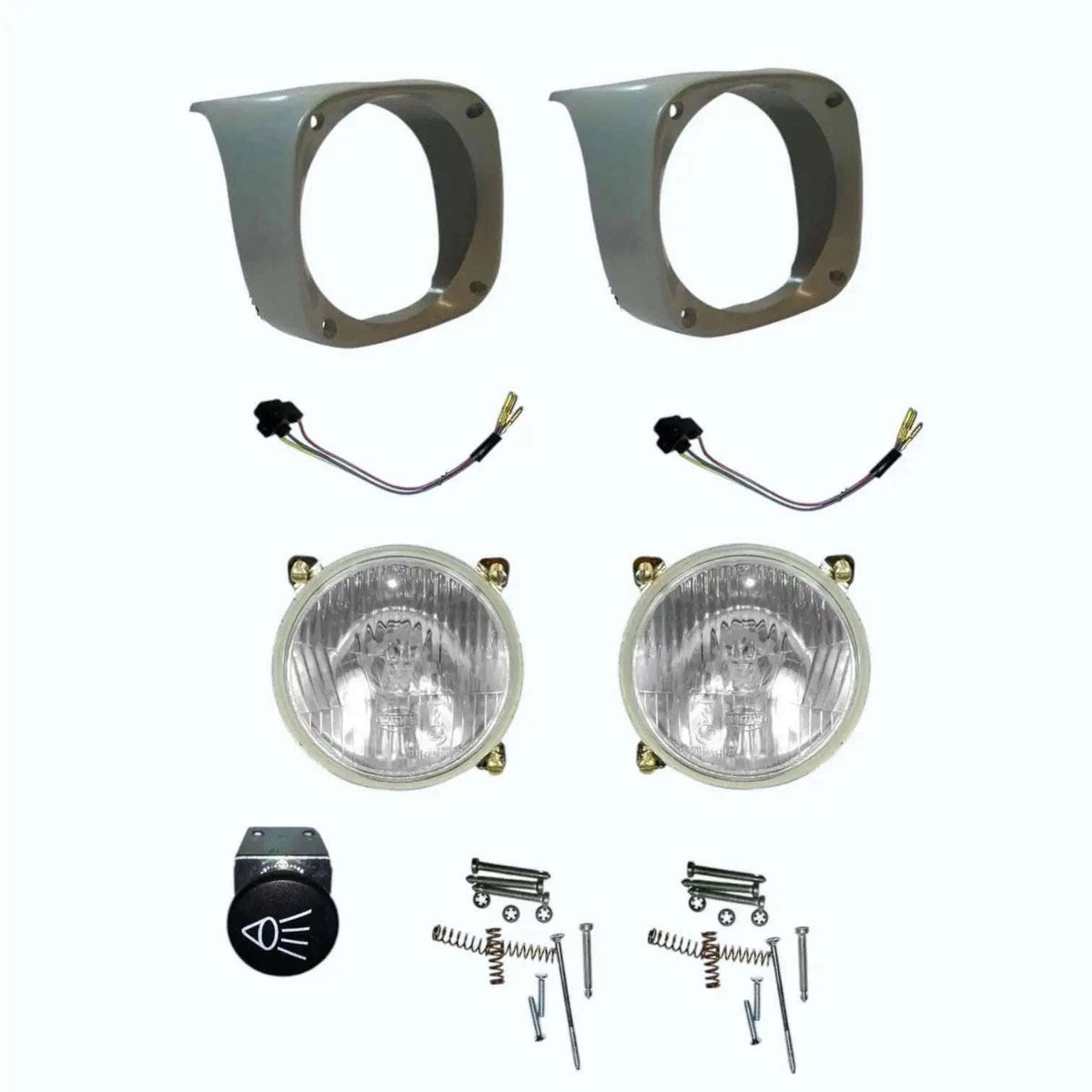 Headlight lamp kit with mounting bezels, bulbs, wiring leads, and hardware