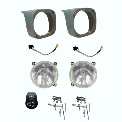 Headlight lamp kit with mounting bezels, bulbs, wiring leads, and hardware