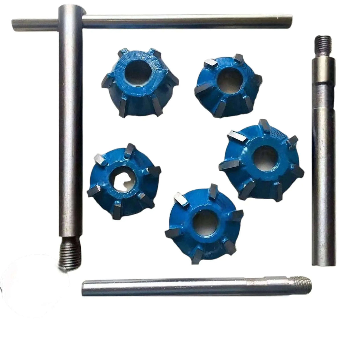Carbide valve seat restoration kit with steel tools and six carbide-tipped cutting heads for automotive repairs