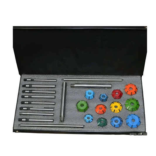 Carbide valve seat restoration kit with various tools and cutters in a protective case for automotive repairs