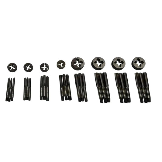 Assorted tap dies and black threaded bars arranged in rows, 32-piece set