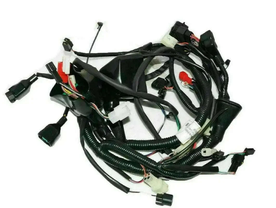 Motorcycle wiring harness with multi-connector plugs and bundled green-black wires