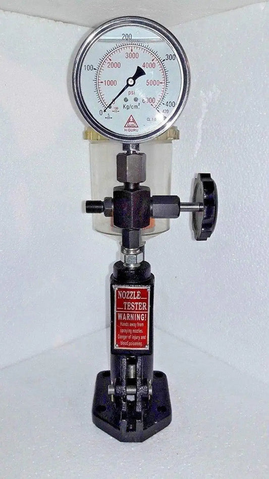 Diesel injector nozzle pop tester with pressure gauge, nozzle holder, warning label