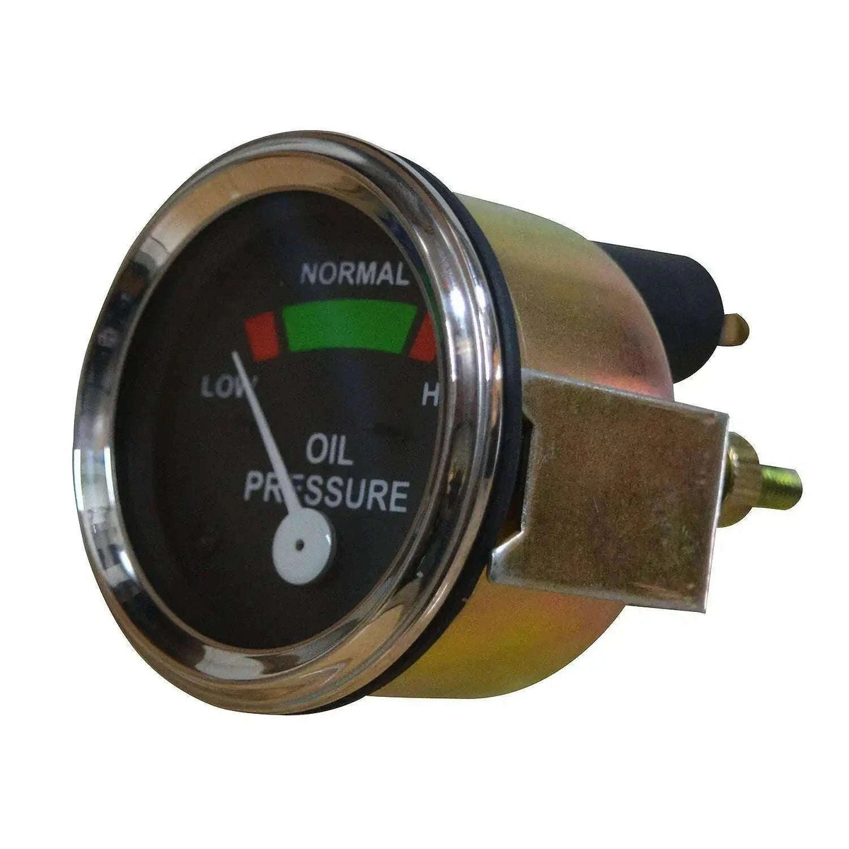 Oil pressure gauge for Massey Ferguson tractors with black face and chrome bezel.