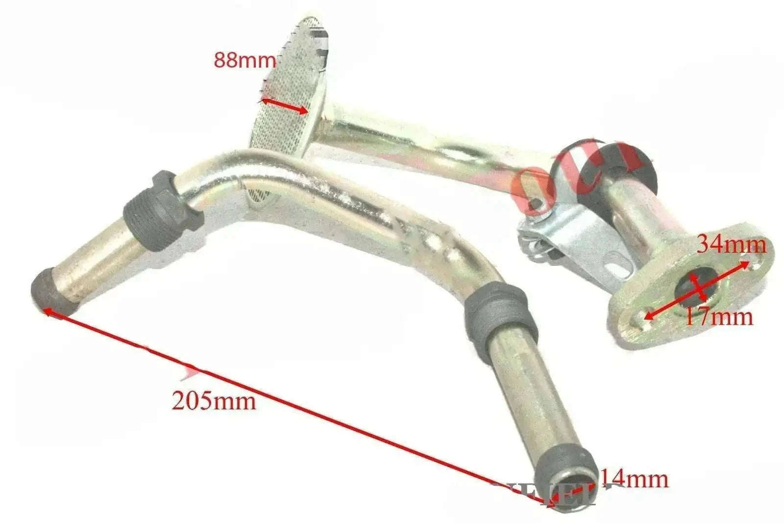 Metal oil pickup pipe with mounting bracket and rubber hose, 205mm length