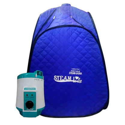 ACUPRESSURE portable sauna kit with steam generator and blue quilted tent for at-home relaxation